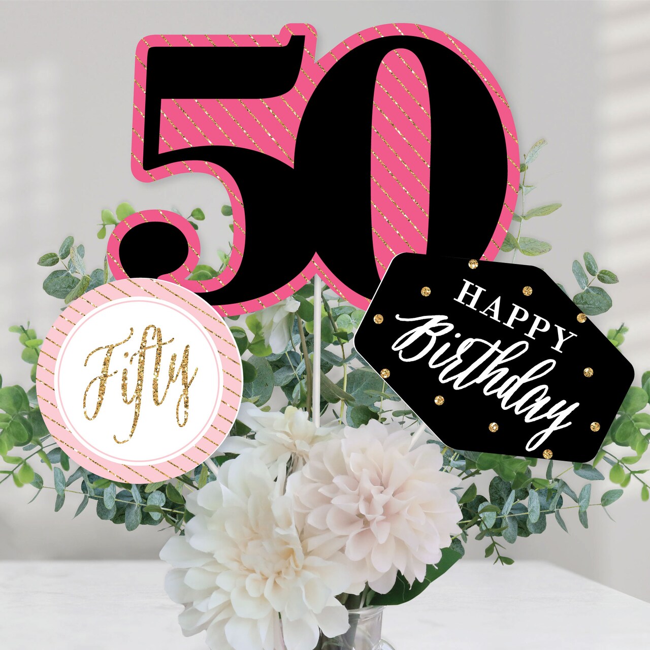 Big Dot of Happiness Chic 50th Birthday - Pink, Black and Gold - Birthday Party Centerpiece Sticks - Table Toppers - Set of 15